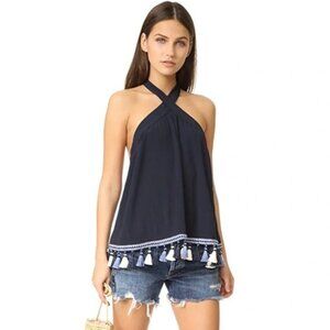 Tularosa Revolve Cory Halter Top Navy Blue Tassels Open Back Embroidered Size XS